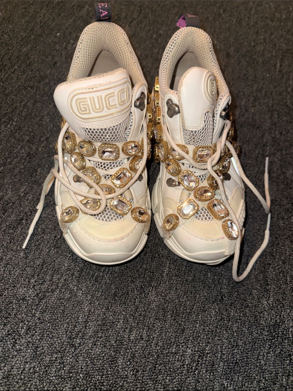 White Leather Sneakers with Gold Crystal Straps